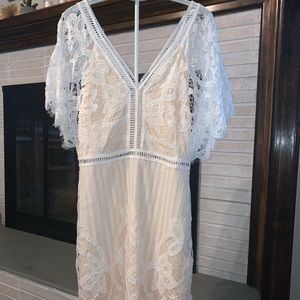 Tan and White Lace Midi Dress